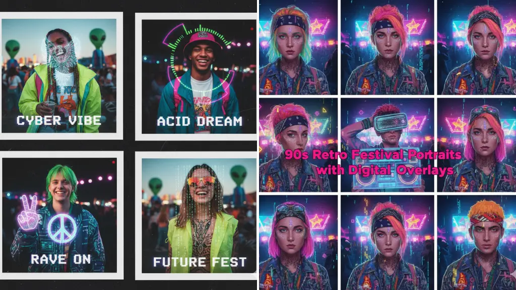 AI Image Prompts 90s Retro Festival Portraits with Digital Overlays
