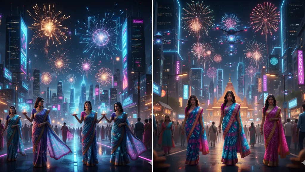 AI Image Prompts Diwali Nights in Cyber-India — Fireworks, Neon Sarees & Drone Skylines
