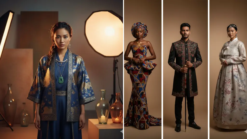 AI Image Prompts High-Realism Ethnic Fashion Portraits with Ambient Studio Light