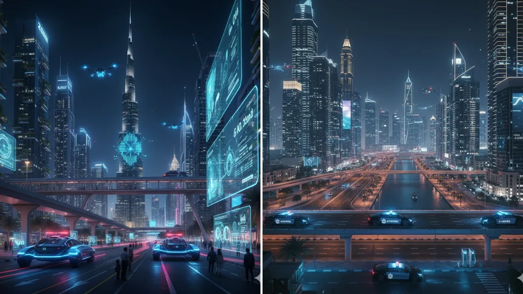AI Image Prompts Smart City Dubai Nightscape + AI Patrol Cars
