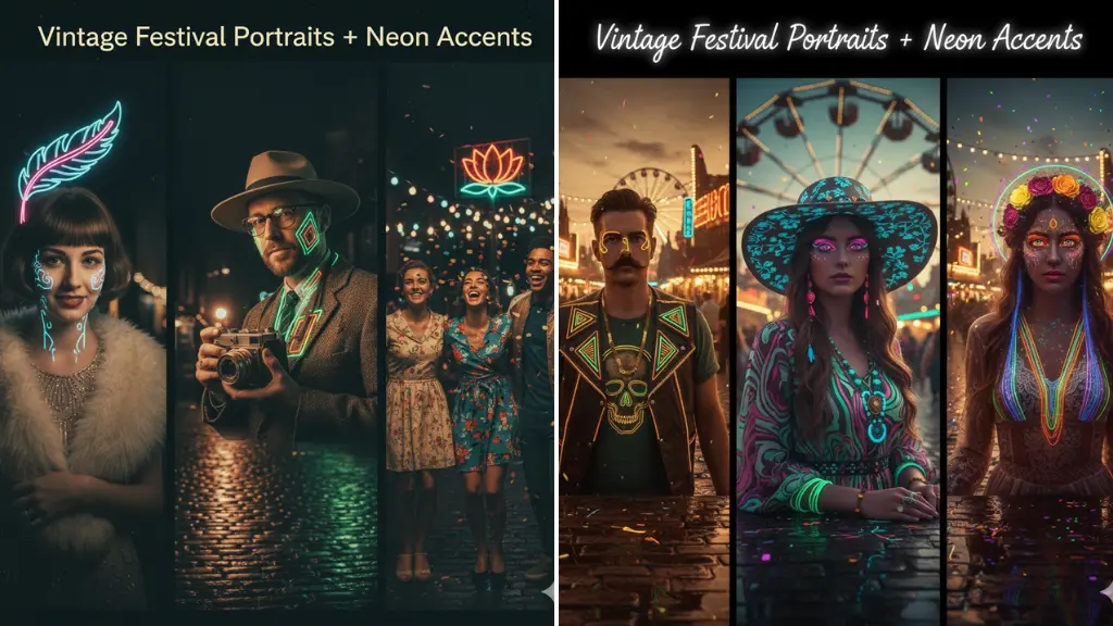 AI Image Prompts Vintage Festival Portraits + Neon Accents