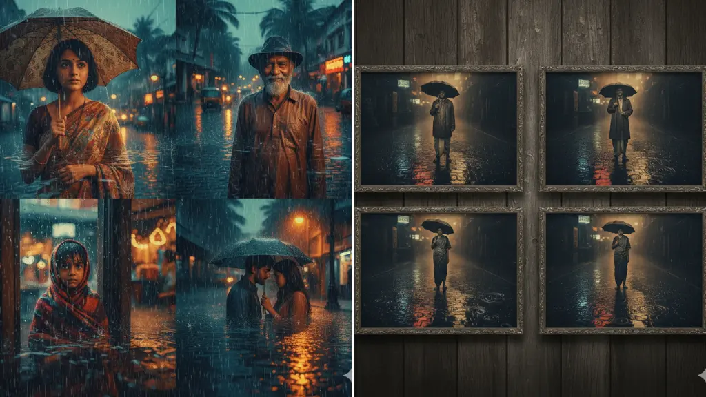 AI Image Prompts Vintage Monsoon Portraits + Rain Reflection Textures
