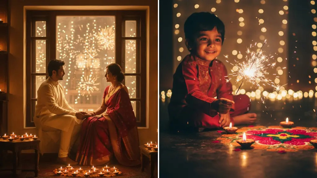AI Image Prompts for Diwali Rangoli, Bokeh Lights & Ethnic Shadows
