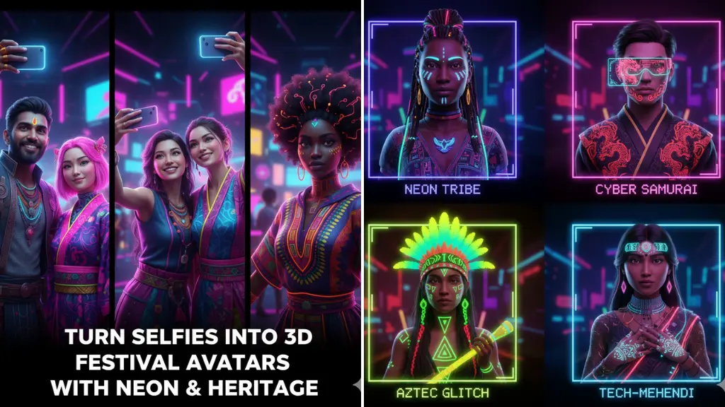 🌟 Gemini AI Prompts: Turn Selfies into 3D Festival Avatars with Neon & Heritage