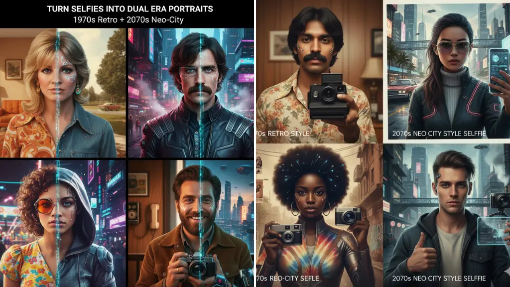 🌟 Gemini AI Prompts: Turn Selfies into Dual Era Portraits — 1970s Retro + 2070s Neo-City