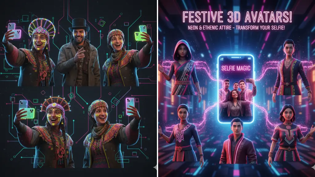 🌟 Gemini AI Prompts: Turn Selfies into Festive 3D Avatars with Neon & Ethnic Attire