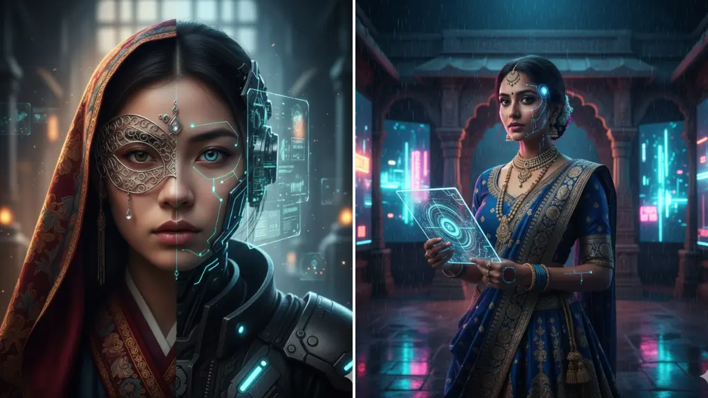 Leonardo AI Prompts Portraits Blending Traditional Attire & Futuristic Tech Glow