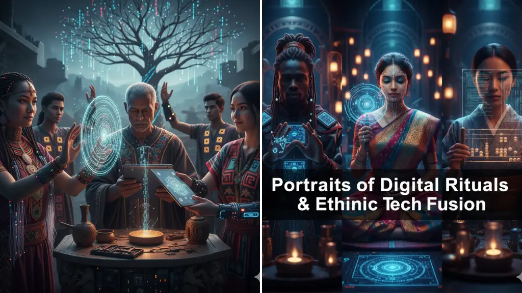 Leonardo AI Prompts Portraits of Digital Rituals & Ethnic Tech Fusion