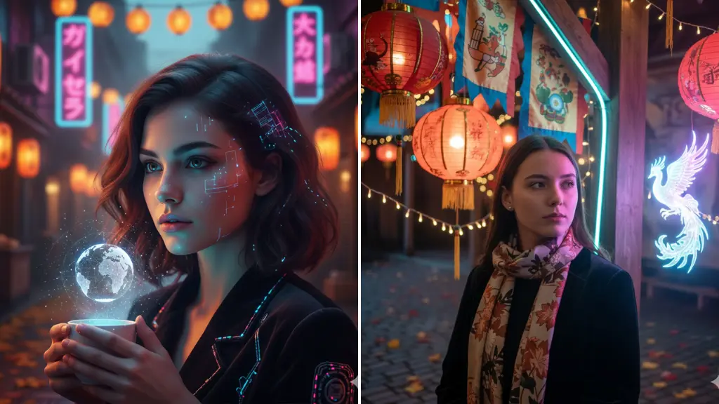 Leonardo AI Prompts for Portraits with Ambient Tech Glow & Vintage Festival Decor