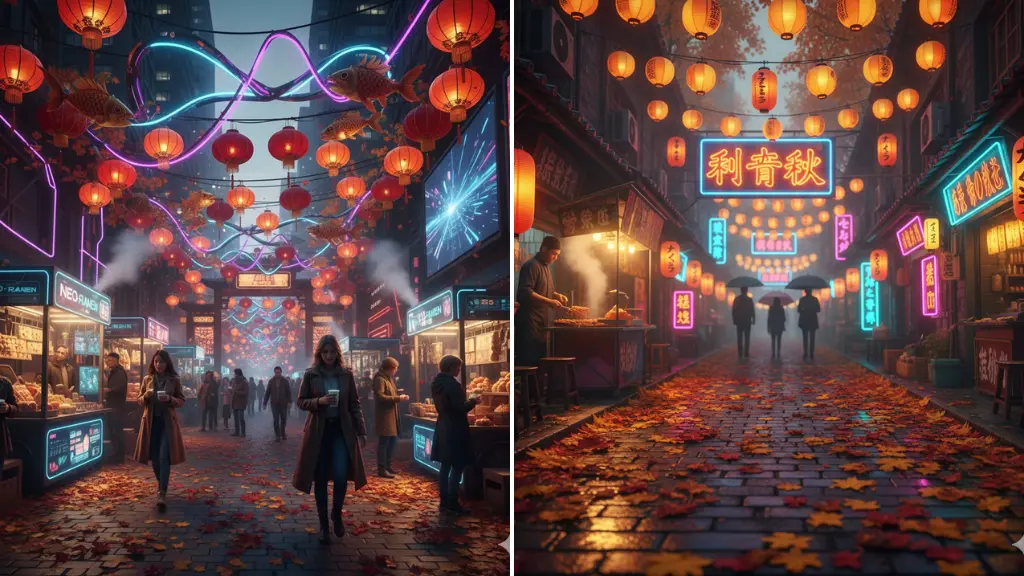 MidJourney Prompts for Autumn Festival Streetscapes Lanterns, Leaves & Neon Glow