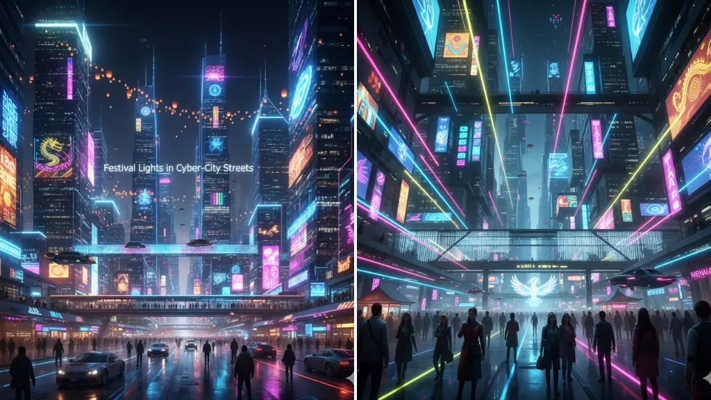 MidJourney Prompts for Festival Lights in Cyber-City Streets