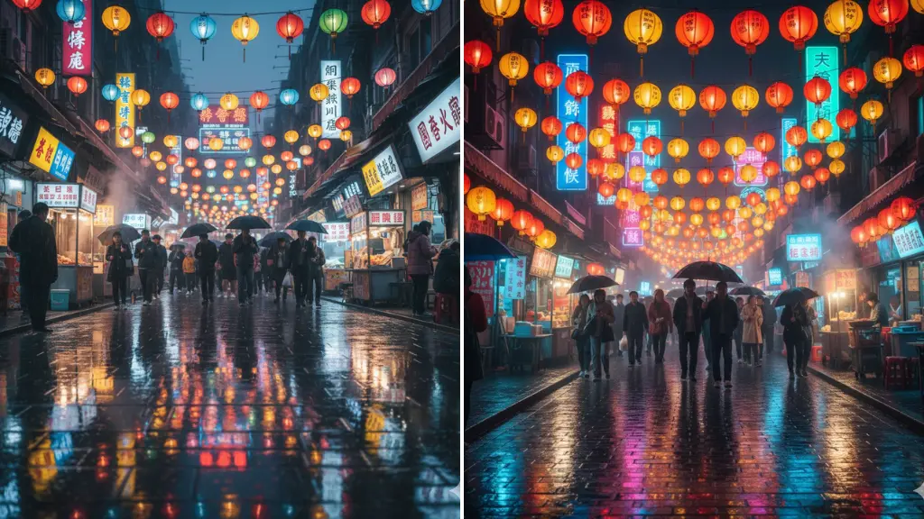 MidJourney Prompts for Festive Night Markets Lanterns, Rain & Neon Reflections
