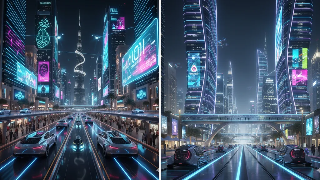 MidJourney Prompts for Futuristic Dubai Streets AI Smart-Cars & Neon