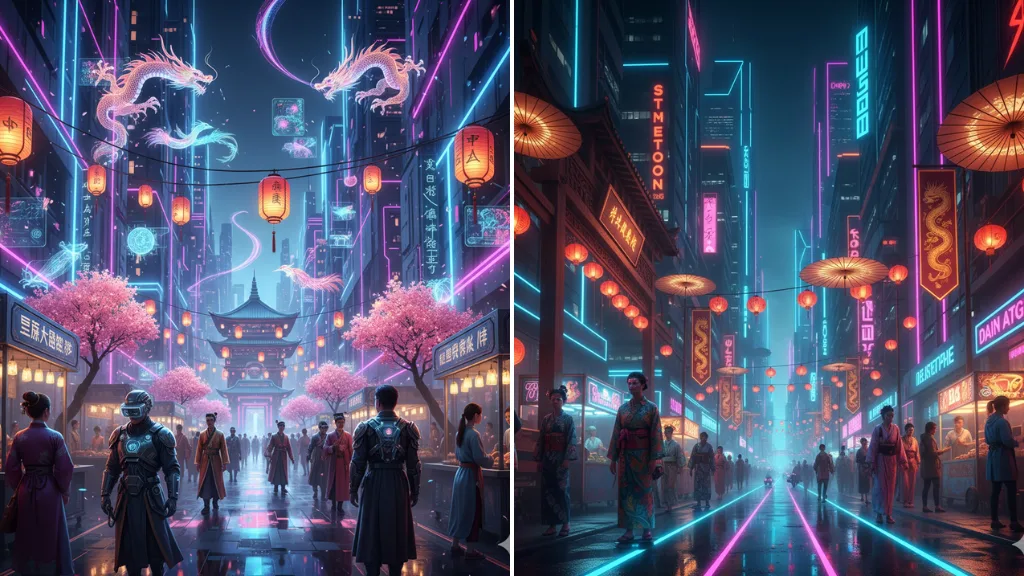 MidJourney Prompts for Futuristic Festival Streets Neon Lights Meet Traditional Decor