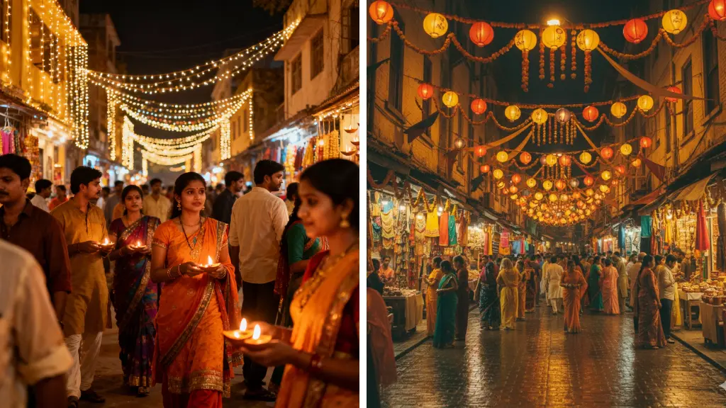 MidJourney Prompts for Nostalgic Diwali Street Scenes with Lights & Crowd