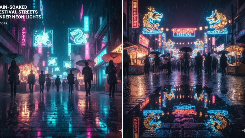 MidJourney Prompts for Rain-Soaked Festival Streets Under Neon Lights