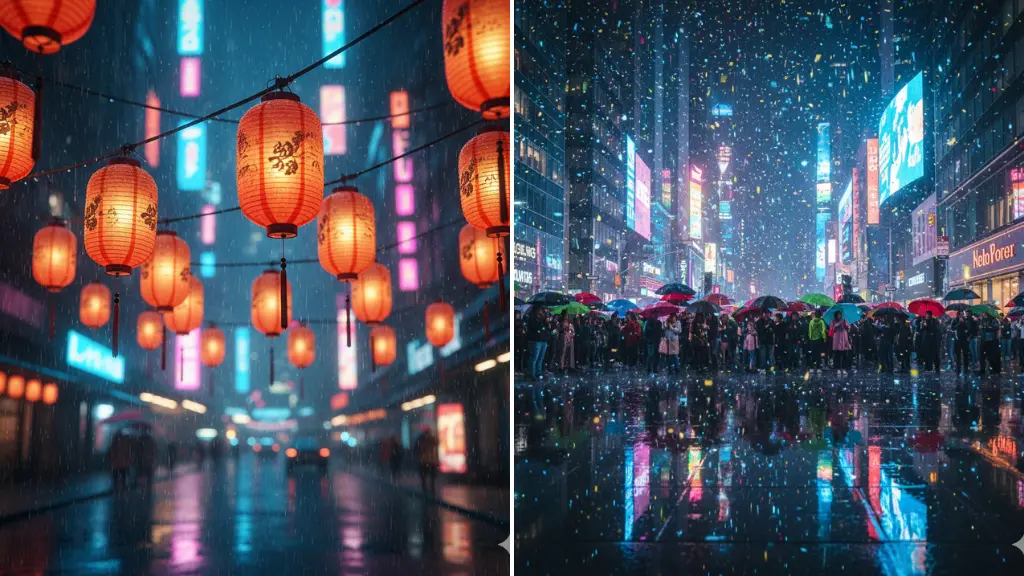 MidJourney Prompts for Rain-Soaked Festival Streets with Neon Glow