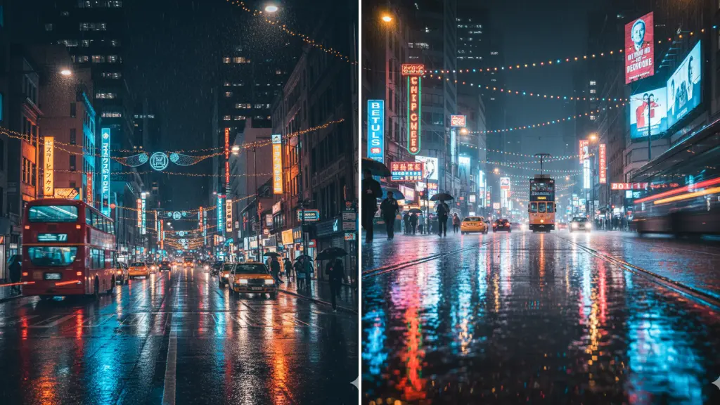 MidJourney Prompts for “Rainy City Neon” Scenes with Festival Lights & Reflections