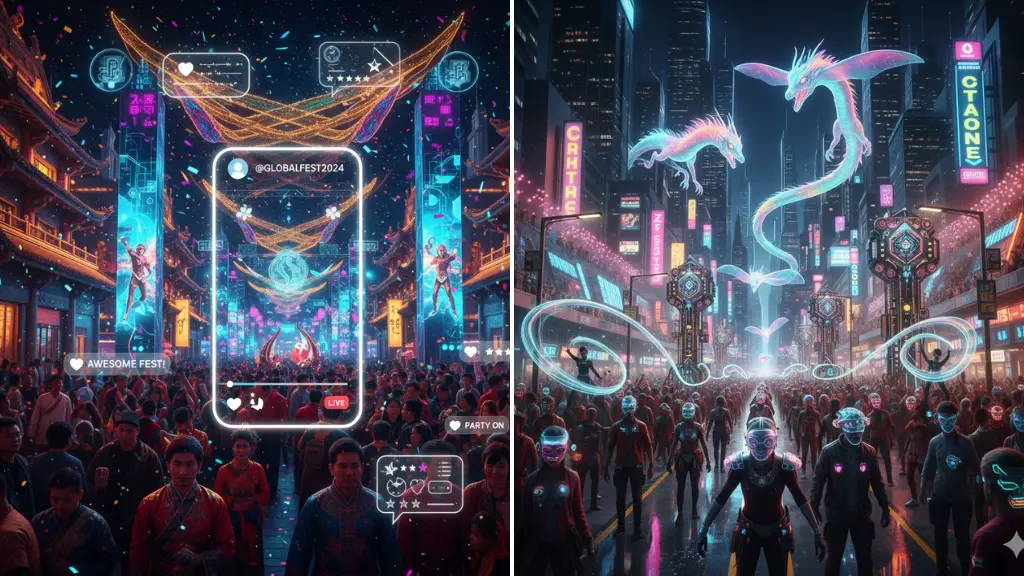 MidJourney Prompts for Ultra-Realistic Festival Streets with Digital Overlay