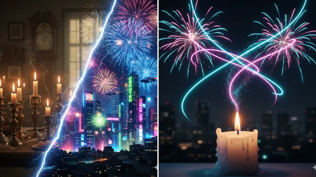 Sora Video Prompts From Candle Flicker to Neon Fireworks Transition