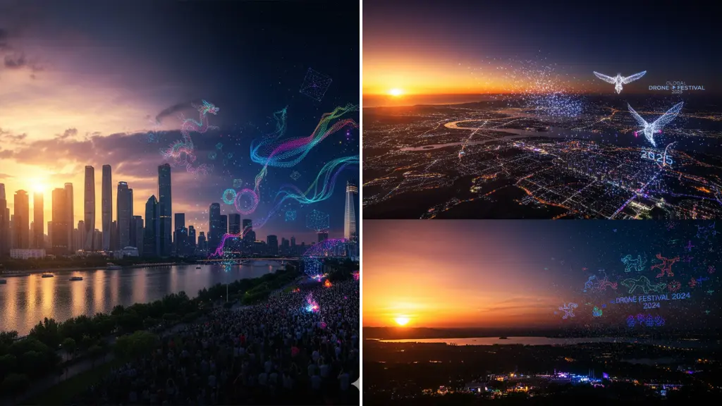 Sora Video Prompts Sunset to Drone Festival Panorama Transition