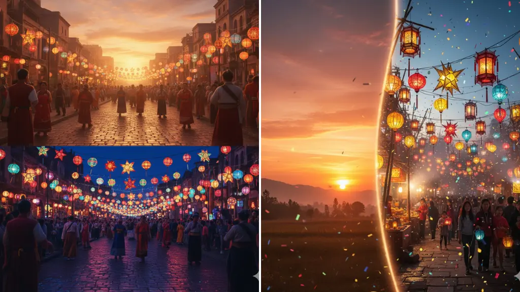 Sora Video Prompts Sunset to Festival Lamp Transition