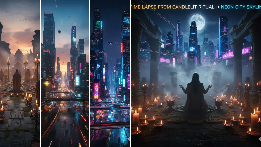 Sora Video Prompts Time-Lapse from Candlelit Ritual → Neon City Skyline