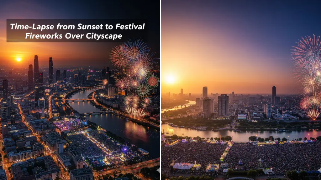 Sora Video Prompts Time-Lapse from Sunset to Festival Fireworks Over Cityscape