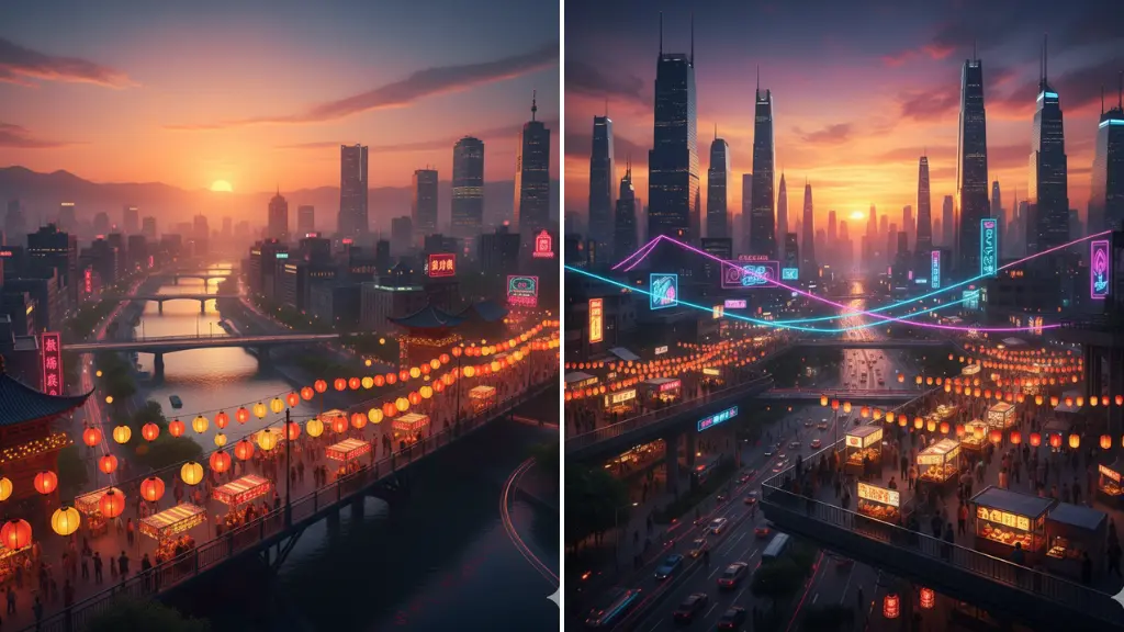 Sora Video Prompts Transition from Sunset to Festival Lamps & City Skyline