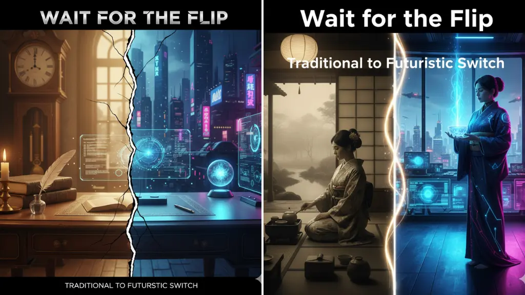 Viral Hook Prompt “Wait for the Flip” — Traditional to Futuristic Switch